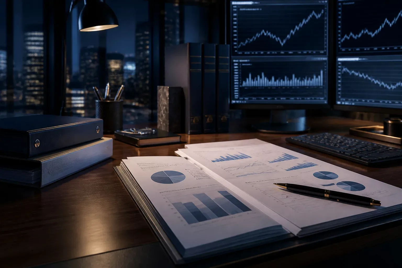 Funditia editorial office research environment with documents and financial data displays